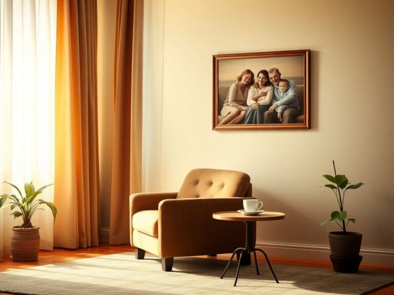 Flick International Cozy living room scene with warm light and an empty armchair