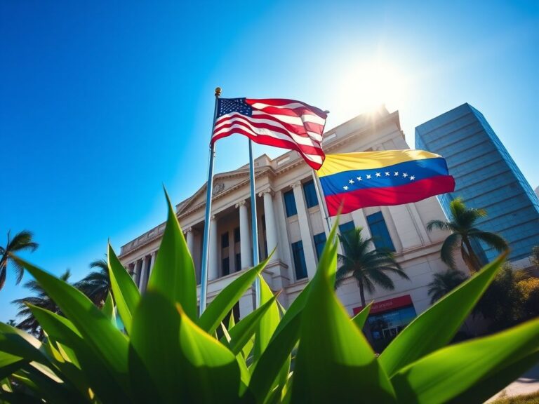Flick International Wide-angle view of the U.S. embassy in Venezuela with American and Venezuelan flags.