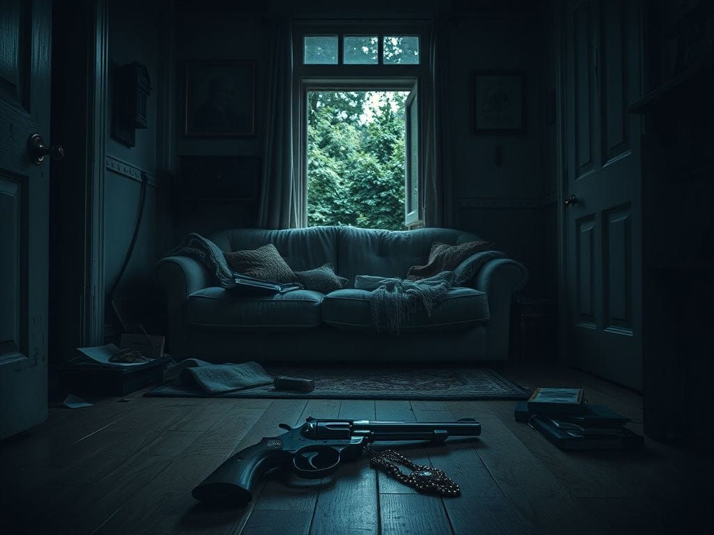 Flick International Dimly lit living room showing signs of struggle during home invasion