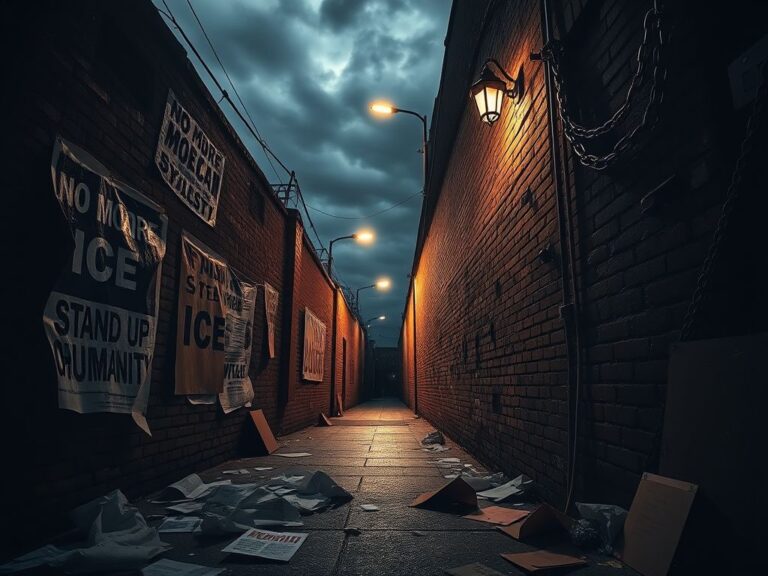 Flick International Darkened urban alleyway illustrating moral divide against ICE