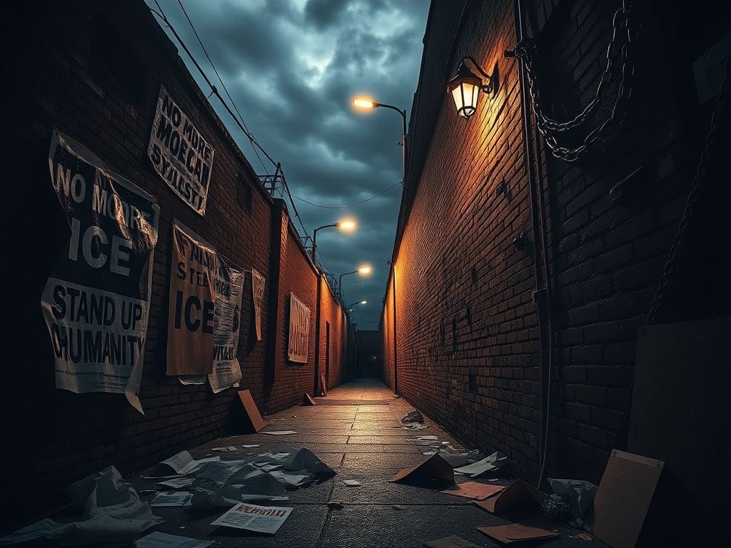 Flick International Darkened urban alleyway illustrating moral divide against ICE
