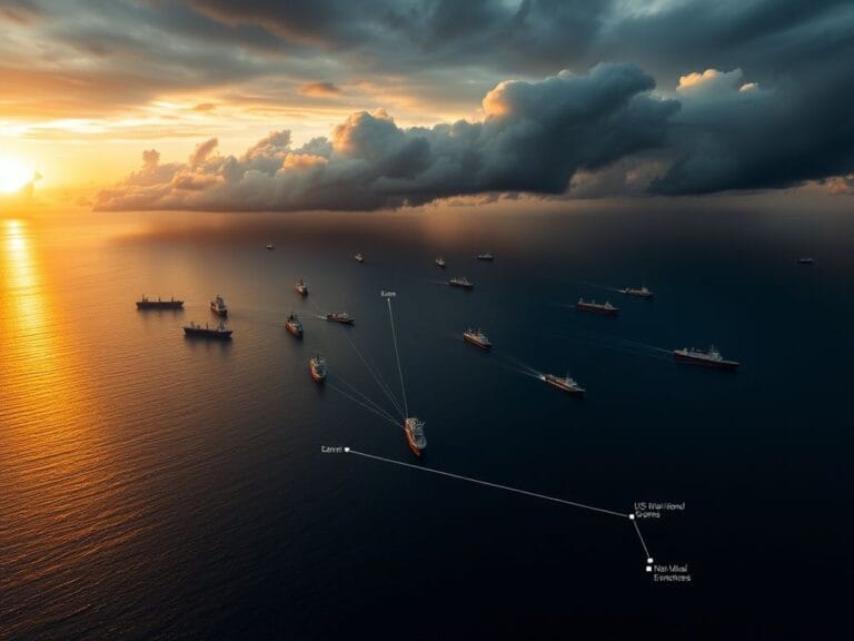 Flick International Aerial view of the Persian Gulf at sunset with cargo and tankers amidst rising tensions