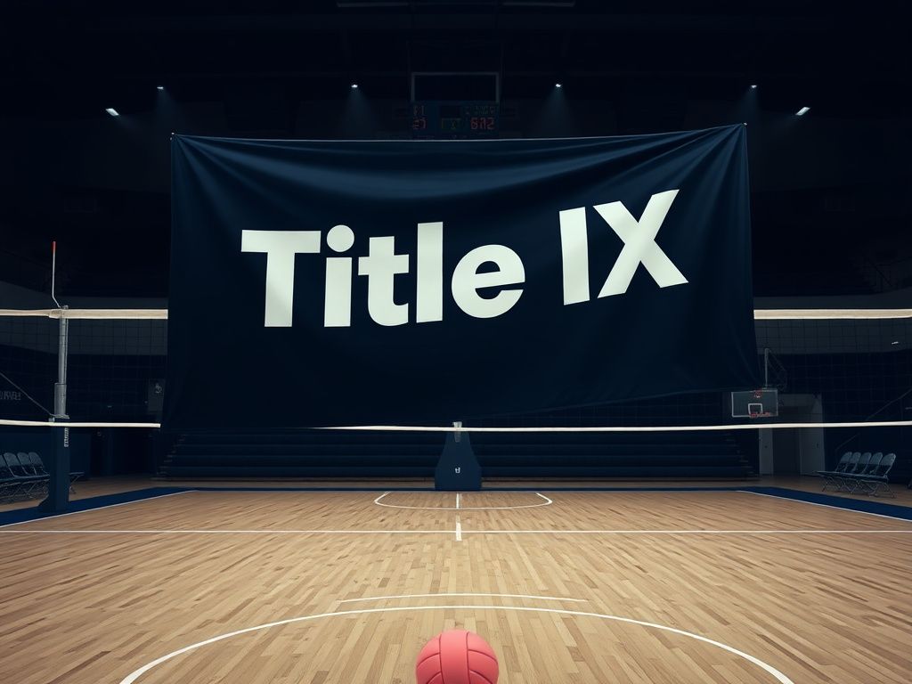 Flick International Volleyball court at San Jose State University with Title IX banner