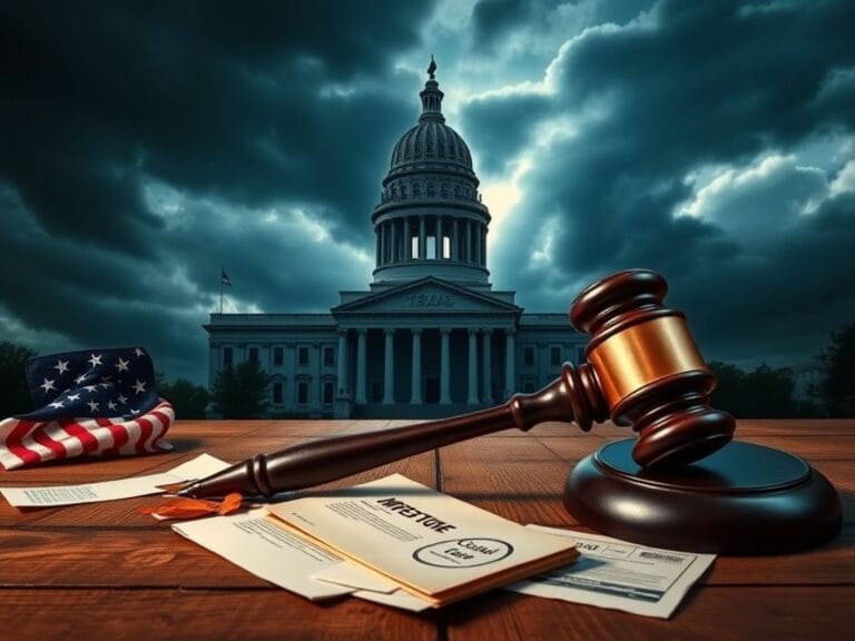 Flick International Stylized silhouette of Texas state capitol building against stormy sky with gavel and documents