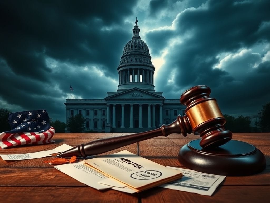 Flick International Stylized silhouette of Texas state capitol building against stormy sky with gavel and documents