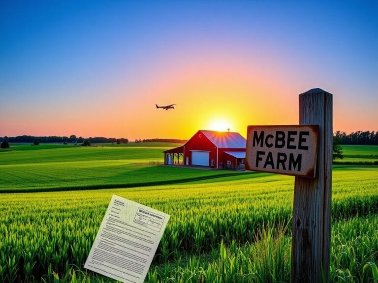 Flick International Serene rural landscape featuring McBee Farm with traditional red barn and green crops under a bright blue sky