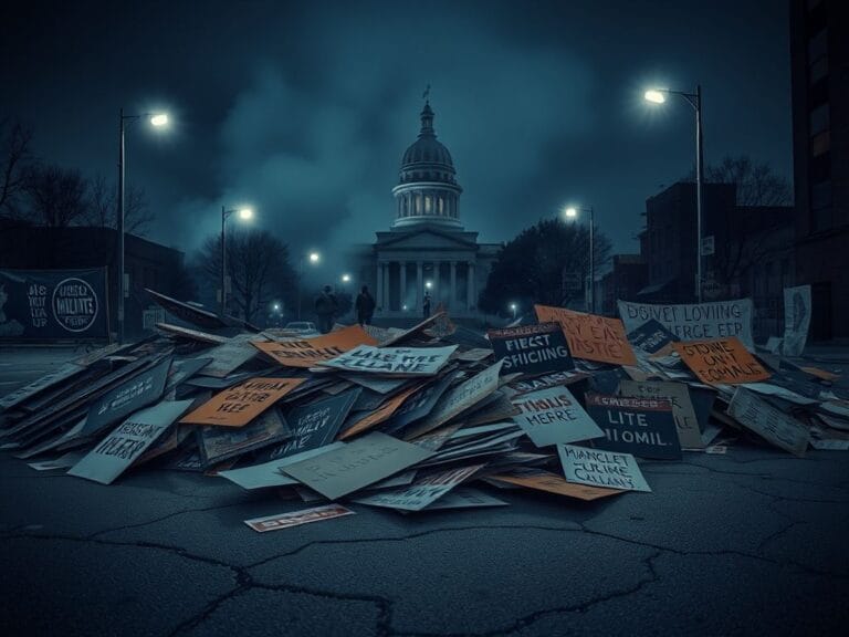 Flick International Aftermath of a protest in Minneapolis with discarded signs and banners