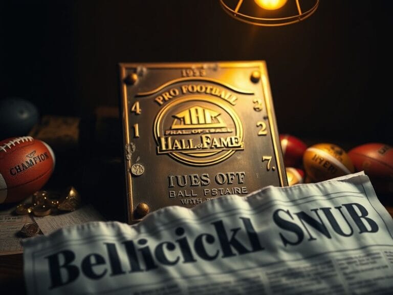 Flick International Close-up of a weathered Pro Football Hall of Fame plaque surrounded by football memorabilia
