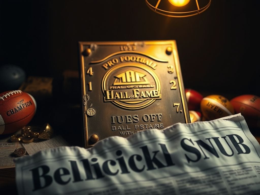 Flick International Close-up of a weathered Pro Football Hall of Fame plaque surrounded by football memorabilia