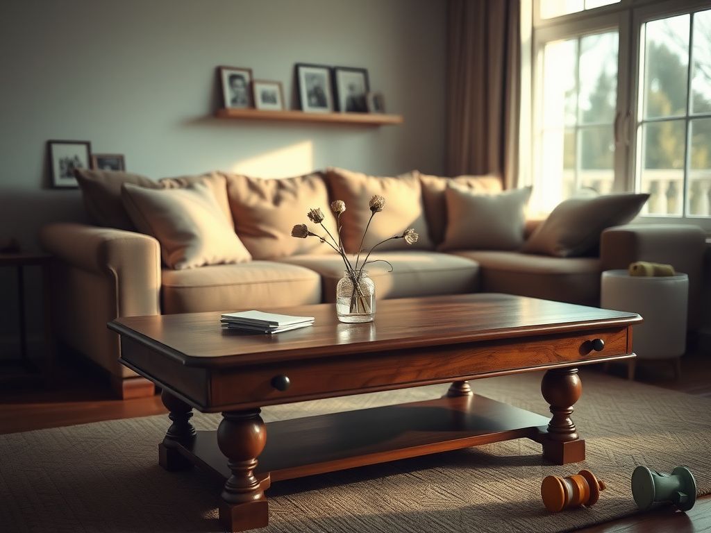 Flick International A serene living room with a coffee table and wilting flowers symbolizing a marital breakup