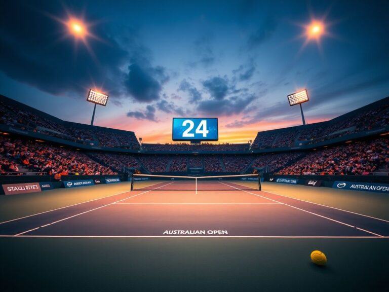 Flick International A vibrant Australian Open tennis court at dusk with spotlights illuminating the scene