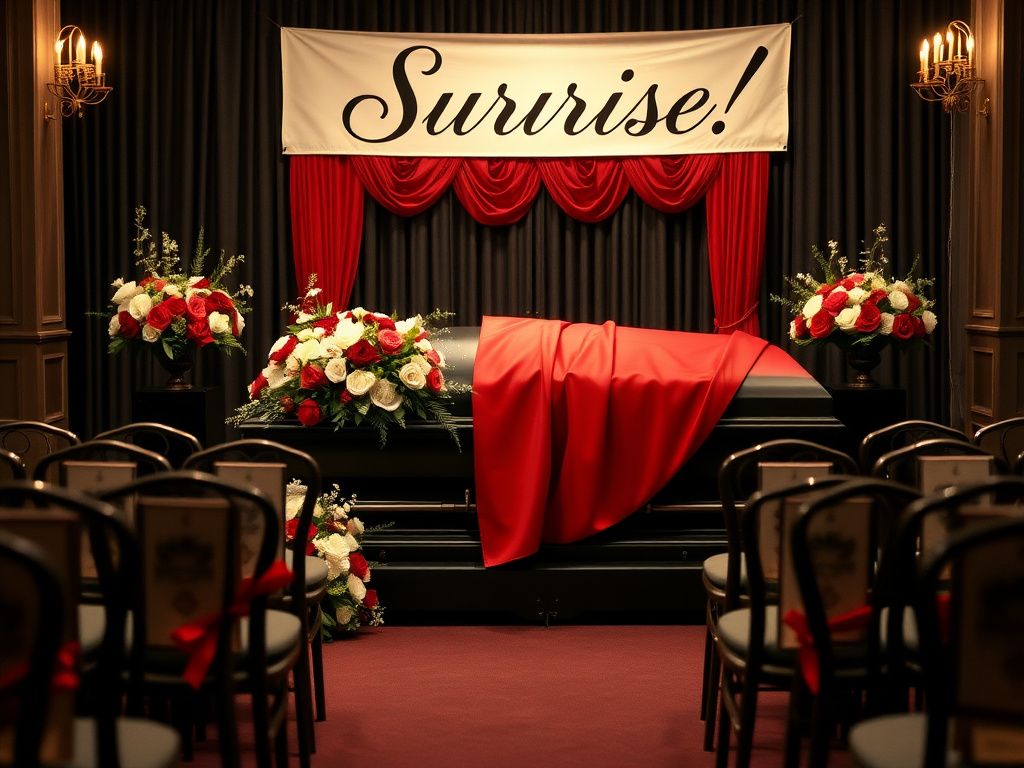 Flick International Elegantly arranged funeral parlor setting with a closed coffin draped in vibrant red silk.