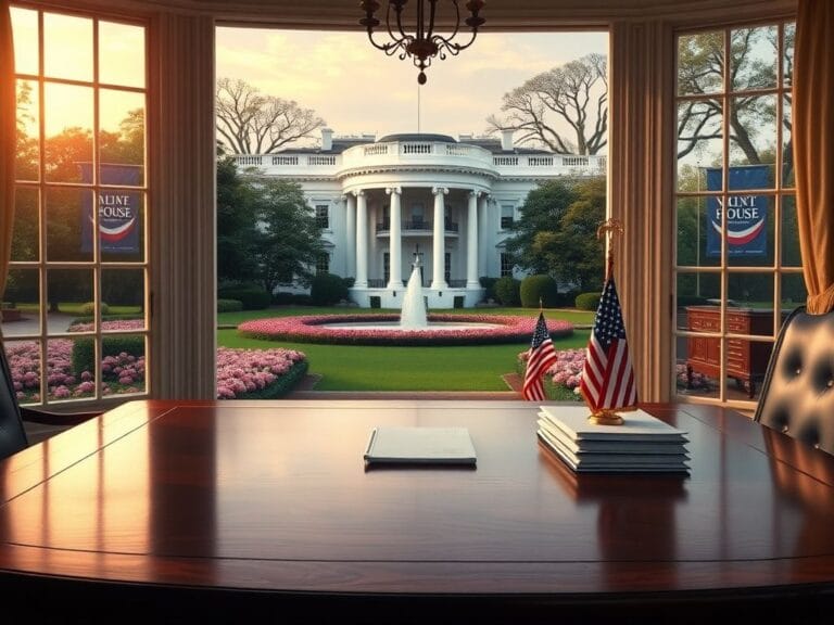 Flick International Elegant view of the White House with blooming gardens and East Wing office visible