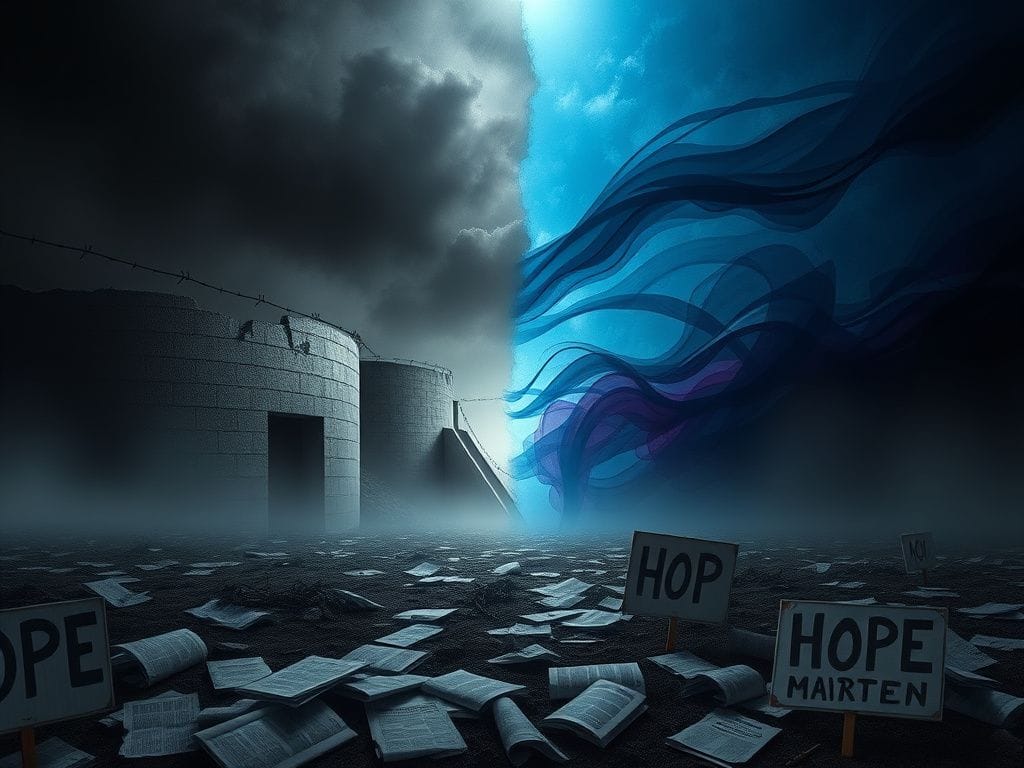 Flick International A stark representation of oppression and resistance featuring barbed wire and abstract waves of color