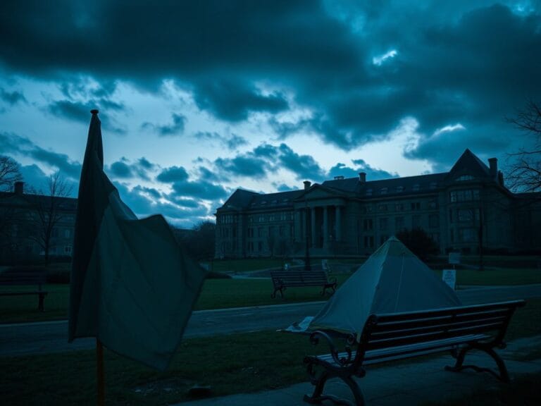 Flick International A somber university campus at dusk following protests
