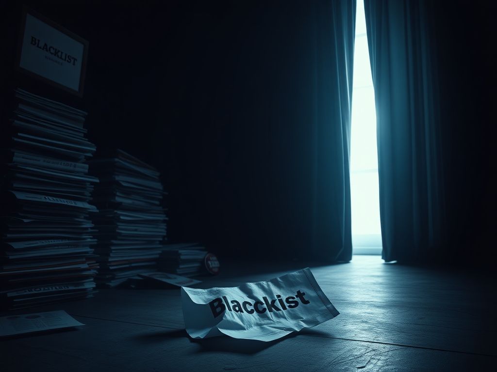 Flick International A darkened room filled with political documents and a crumpled blacklist paper on the floor