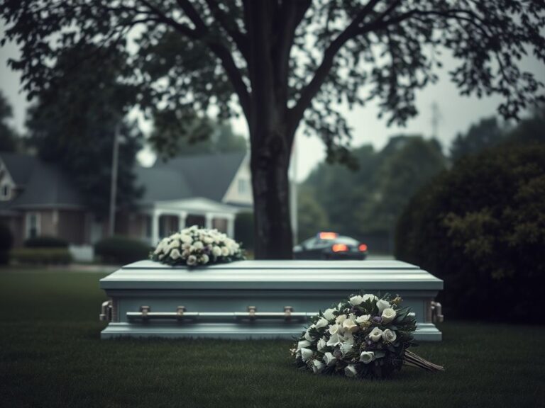 Flick International A serene yet somber outdoor scene of a funeral home with a solemn casket adorned with white flowers under a large tree