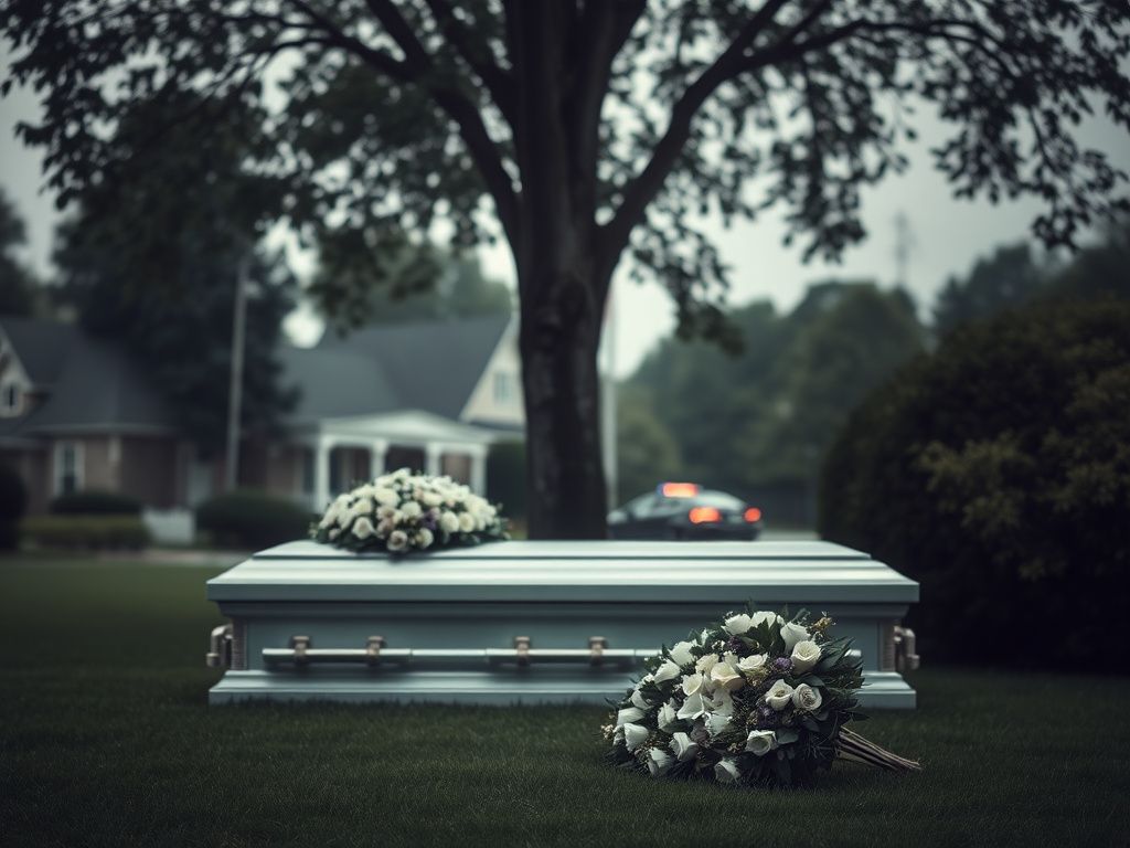 Flick International A serene yet somber outdoor scene of a funeral home with a solemn casket adorned with white flowers under a large tree