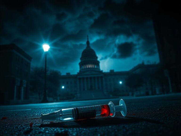 Flick International Dramatic urban scene depicting an abandoned syringe on a dark street symbolizing political tension.