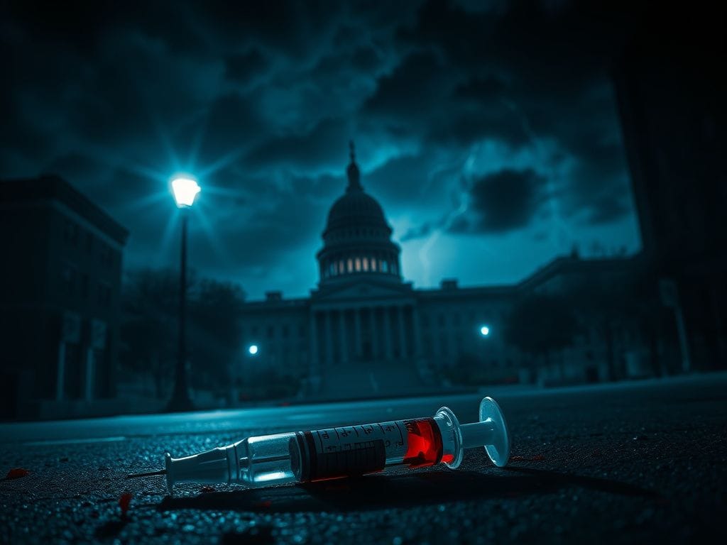 Flick International Dramatic urban scene depicting an abandoned syringe on a dark street symbolizing political tension.