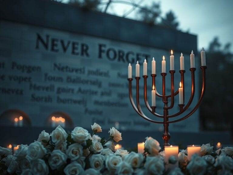 Flick International Candlelit memorial scene honoring Holocaust victims with a menorah and roses