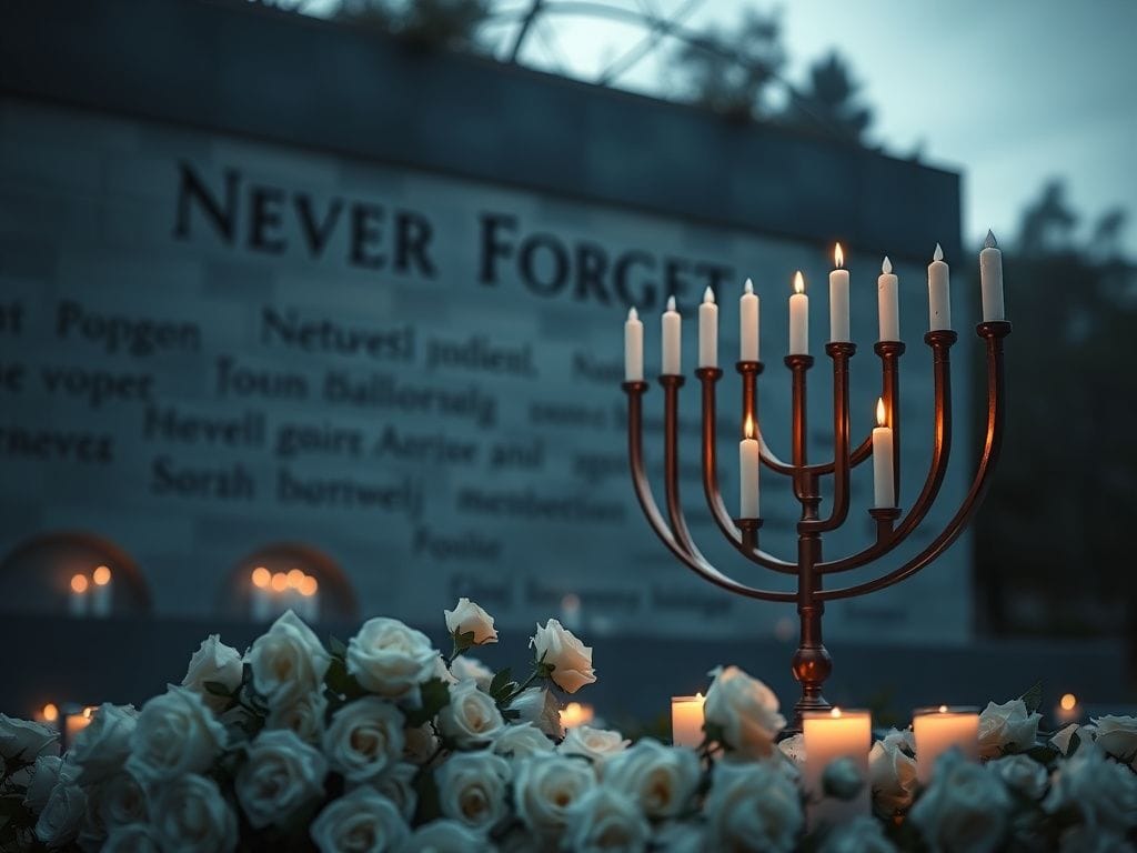 Flick International Candlelit memorial scene honoring Holocaust victims with a menorah and roses