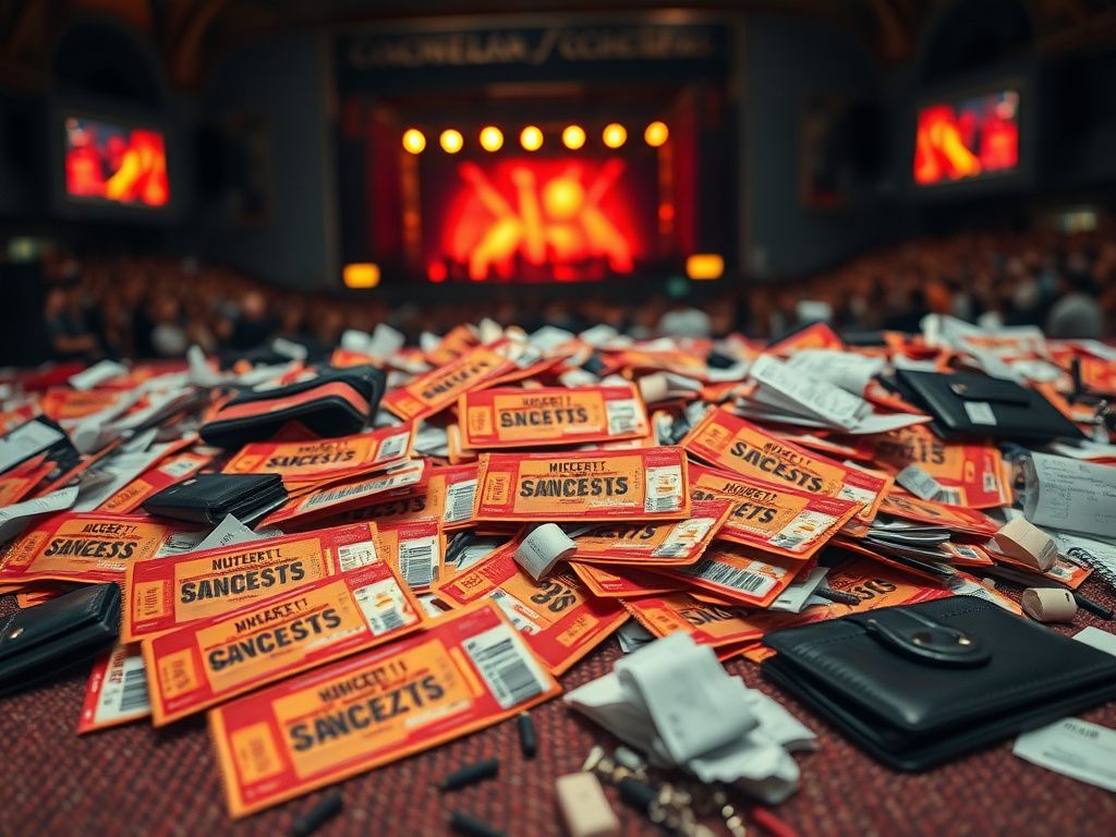 Flick International Chaotic concert ticketing scene with scattered tickets and empty wallets