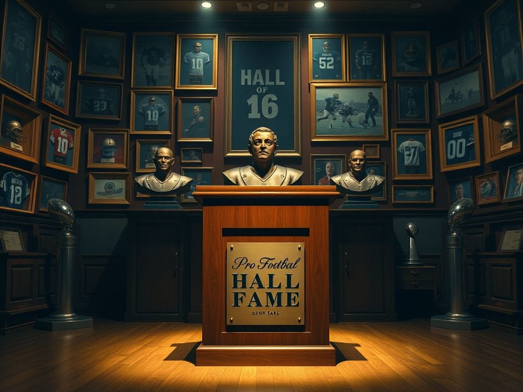 Flick International Dramatic football-themed scene in the Pro Football Hall of Fame, featuring a podium and bronze busts