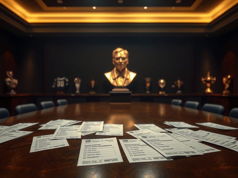 Flick International A dimly lit Pro Football Hall of Fame induction room featuring an empty table with ballots and a golden bust of Bill Belichick