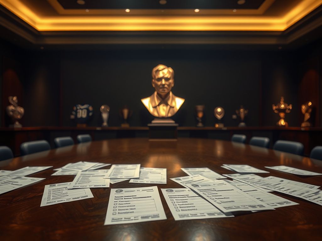 Flick International A dimly lit Pro Football Hall of Fame induction room featuring an empty table with ballots and a golden bust of Bill Belichick