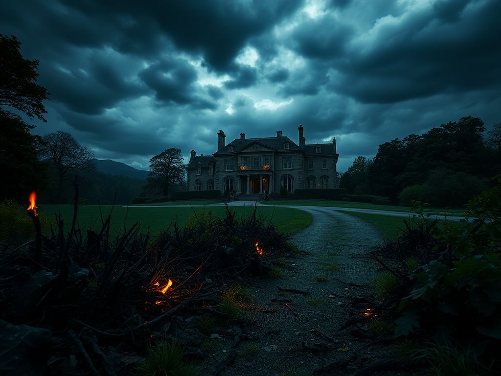 Flick International Dark landscape depicting a grand mansion with a flickering flame, symbolizing an arson attack.