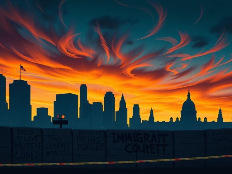 Flick International Dramatic urban landscape showing a city skyline at dusk with a large stone wall and graffiti on immigration issues.