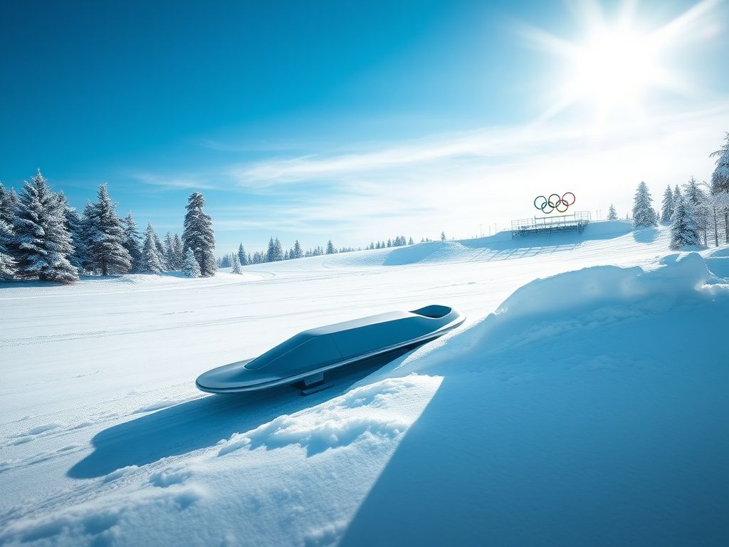 Flick International Minimalist skeleton sled resting against a snowbank in Lake Placid, New York
