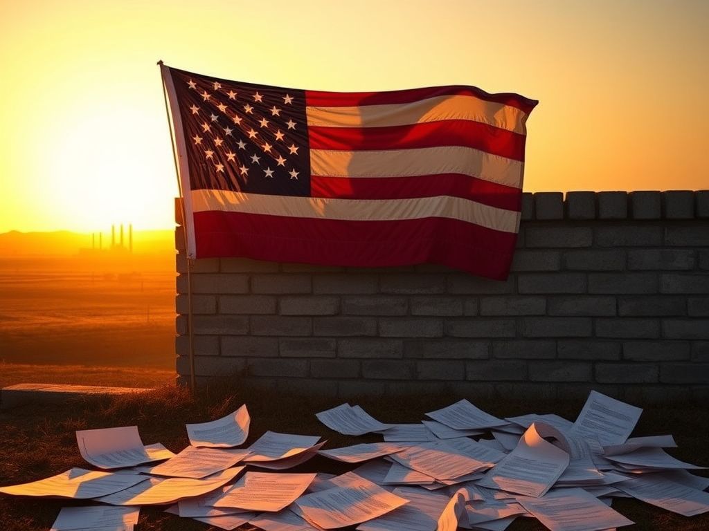 Flick International A large, weathered American flag draped over a brick wall symbolizing immigration and borders