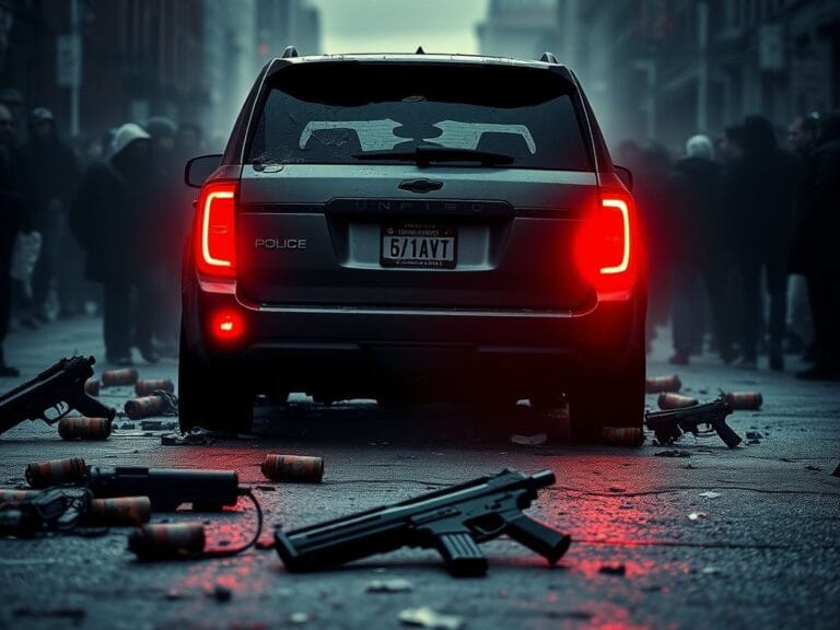 Flick International A broken government SUV with shattered taillights on a chaotic Minneapolis street scene