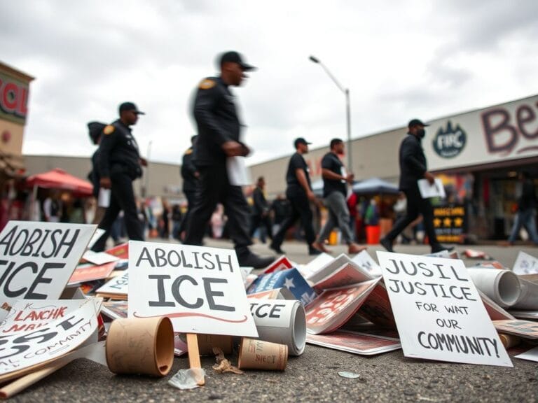 Flick International Protest scene outside Karmel Mall with signs calling to abolish ICE and advocating for justice