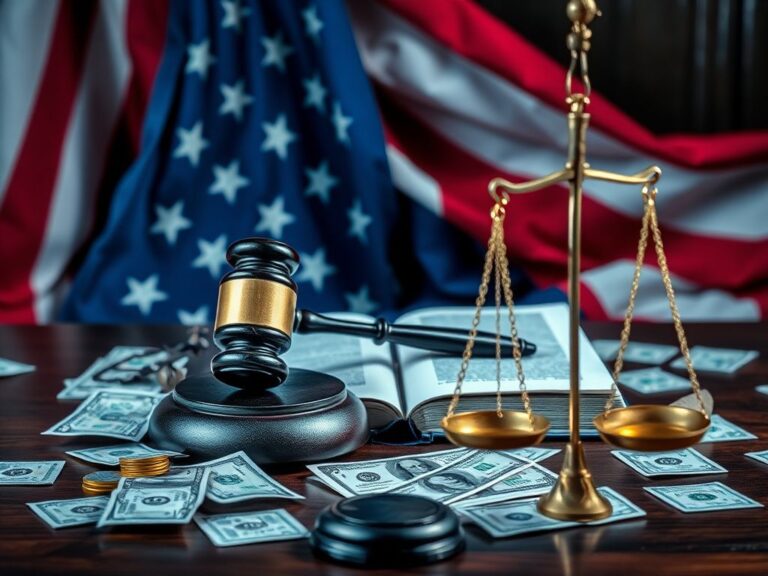 Flick International A gavel resting on a law book, surrounded by dollar bills and an American flag backdrop