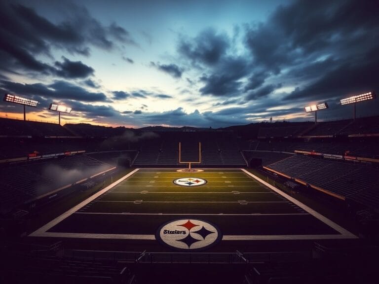 Flick International Dramatic scene of a professional football stadium at dusk with Steelers colors in the sky