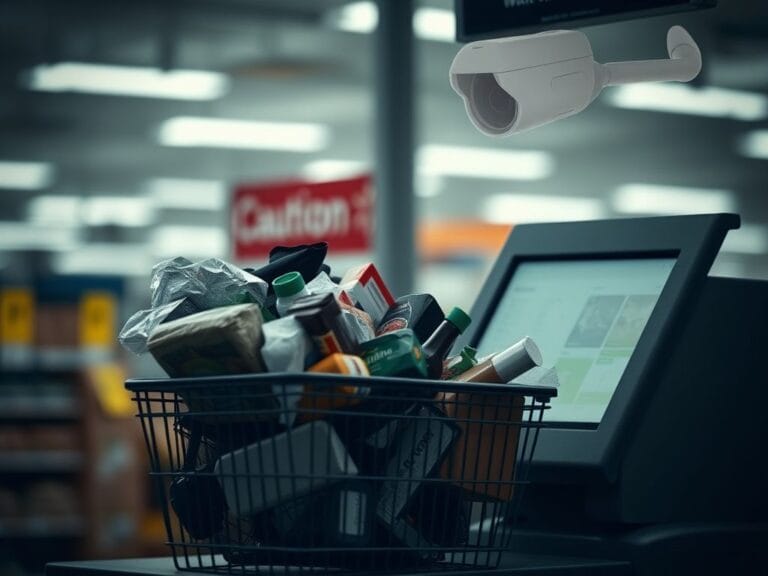 Flick International Shopping basket filled with items at Walmart self-checkout, hinting at potential shoplifting