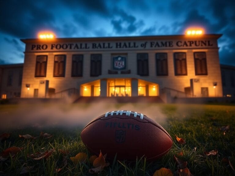 Flick International Dramatic view of the Pro Football Hall of Fame under twilight sky