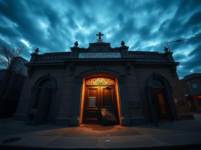 Flick International Close-up view of the damaged entrance doors at Chabad Lubavitch World Headquarters in NYC
