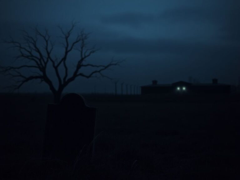 Flick International A desolate Texas landscape at twilight with a silhouetted barren tree and a weathered tombstone