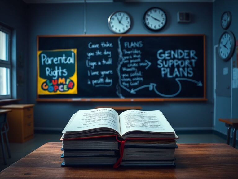 Flick International Classroom setting depicting tension over gender identity and parental rights with empty desk and schoolbooks