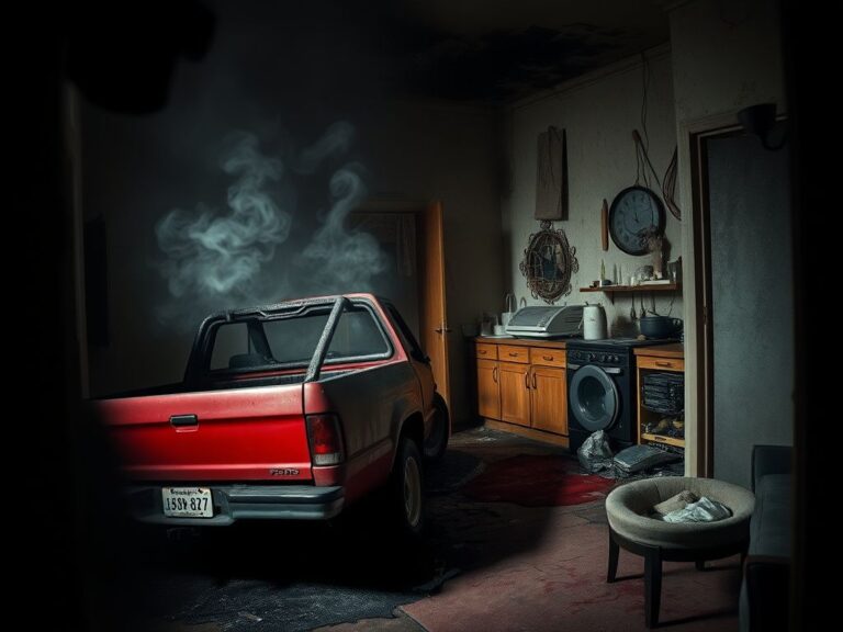 Flick International Dimly lit scene of a charred apartment interior with a burnt pickup truck outside