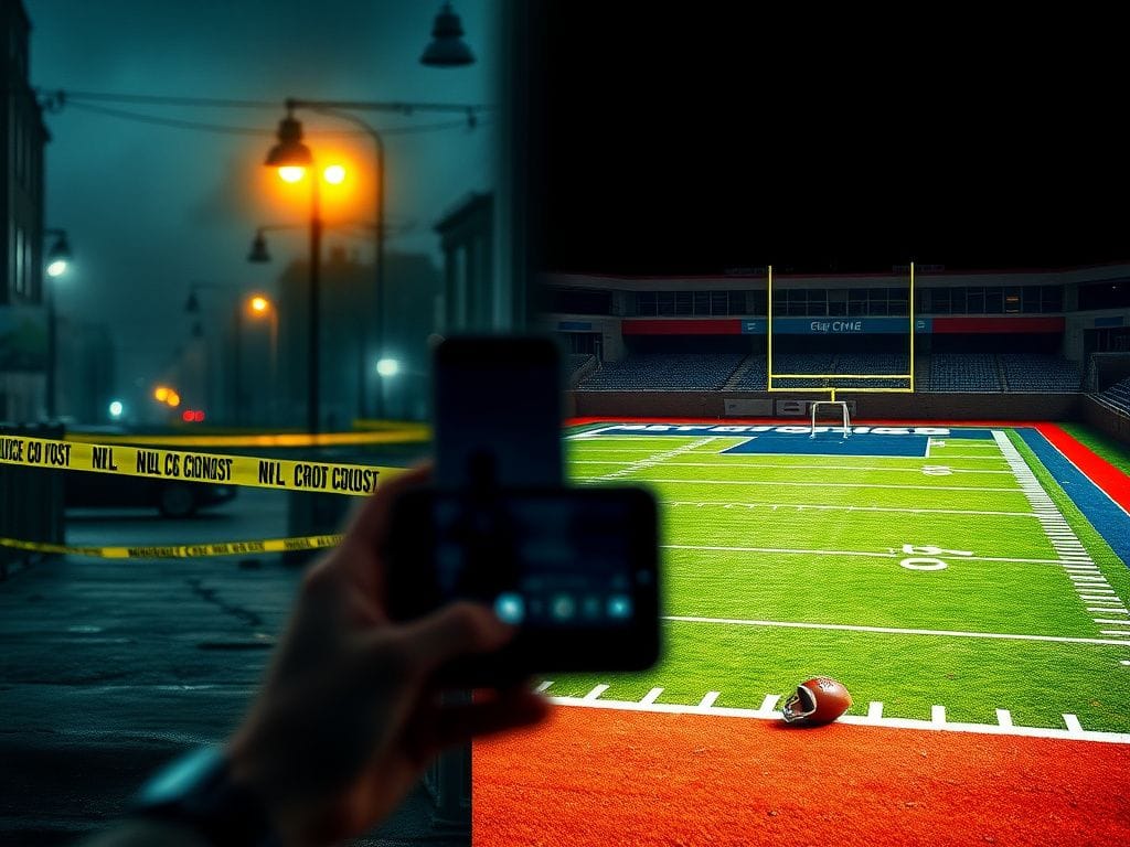 Flick International Chaotic urban landscape with police tape contrasting a vivid NFL football field