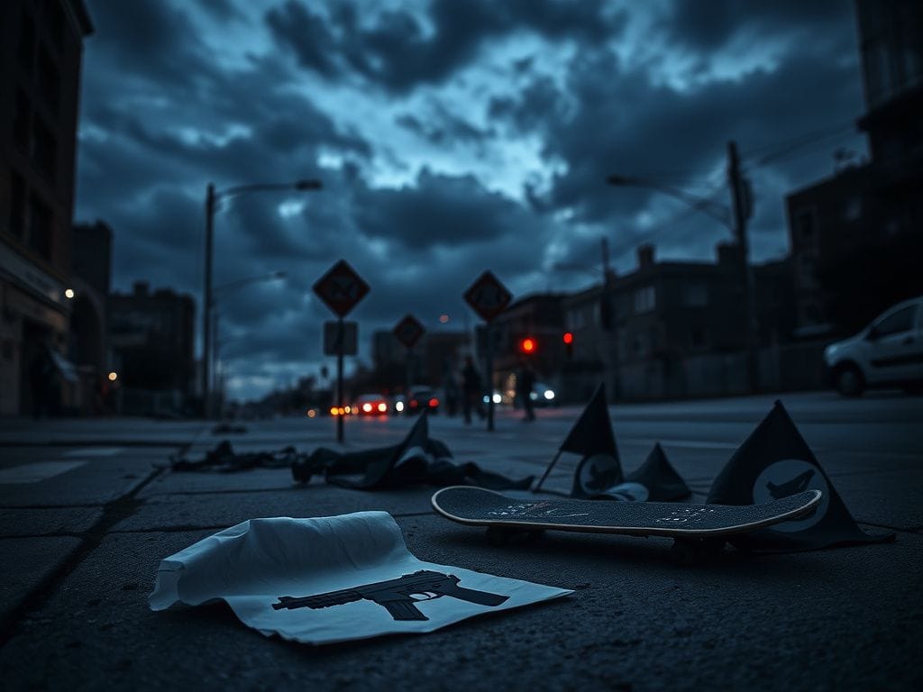 Flick International Dark urban scene depicting a crumpled paper with a gun graphic amidst Antifa flags, illustrating violence and unrest.