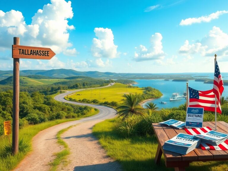 Flick International Lush Florida landscape with a winding road and a rustic signpost pointing to Tallahassee