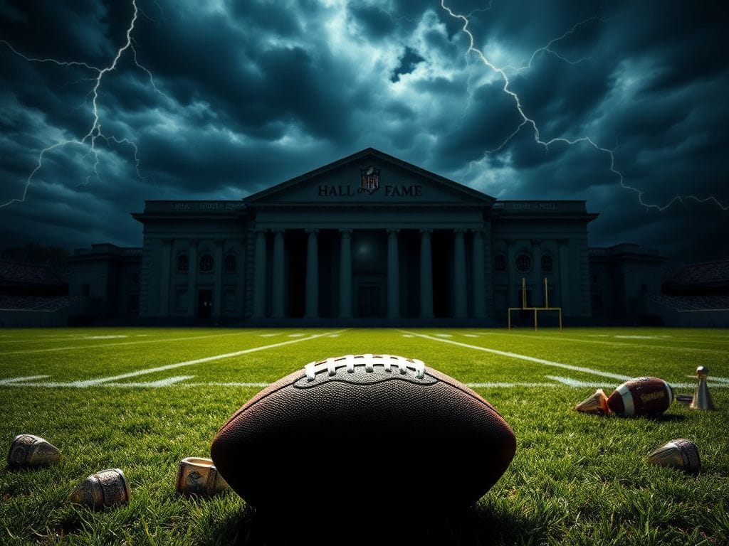 Flick International Dramatic football field under stormy sky with lightning
