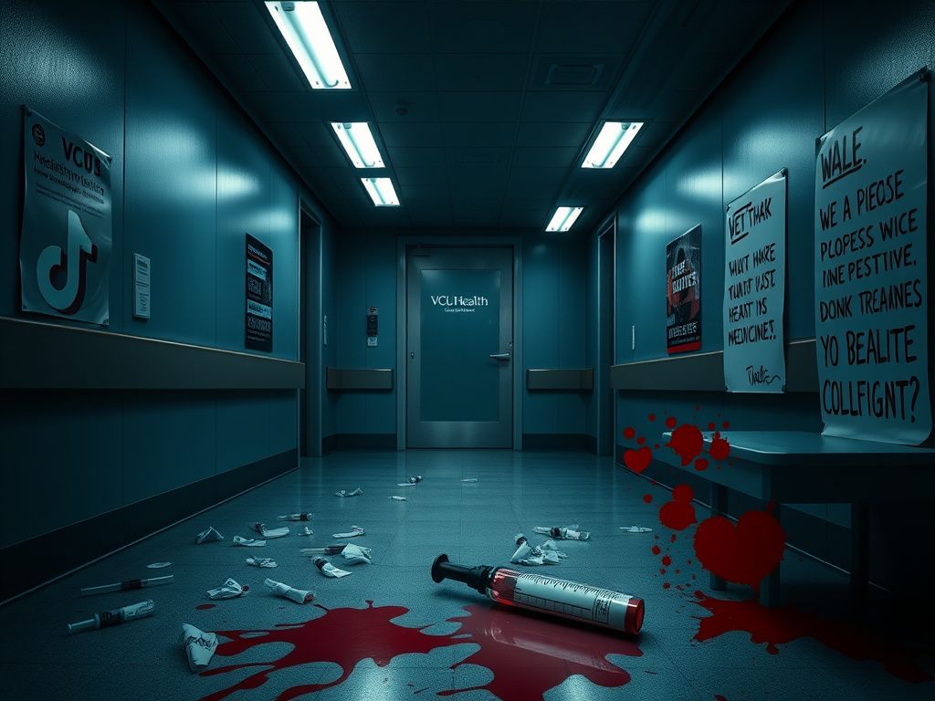 Flick International Ominous hospital hallway with medical syringes and TikTok logos scattered on the floor