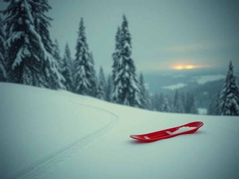 Flick International Snowy hill with sled tracks and a red sled, symbolizing youth and remembrance